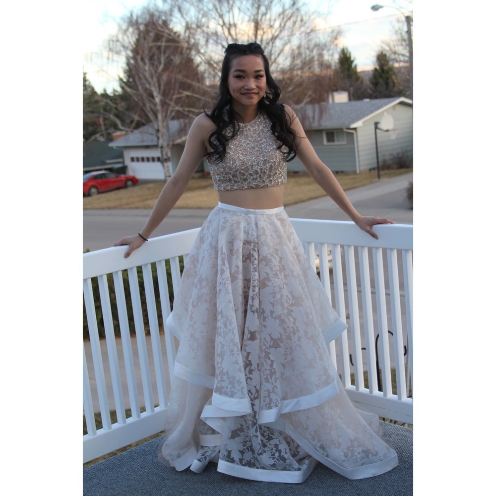 Two piece Beaded Top & Organza Ballgown Prom Dress